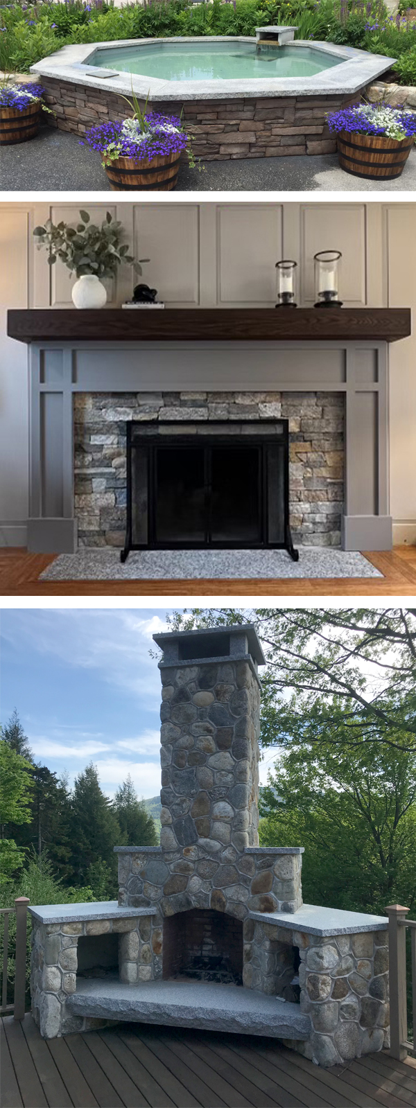 Custom Stone & Masonry Projects Portfolio A collage showcasing diverse masonry and hardscaping projects, including an outdoor hexagonal hot tub with stone and granite, an indoor fireplace with a stone facade and dark wood mantel, and an outdoor stone fireplace with a tall chimney on a wooden deck surrounded by trees.